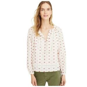 NWOT POINT SUR J CREW Top XS White Pink-Red-Gold-Arrow V Crochet Ruch Balloon-Sl